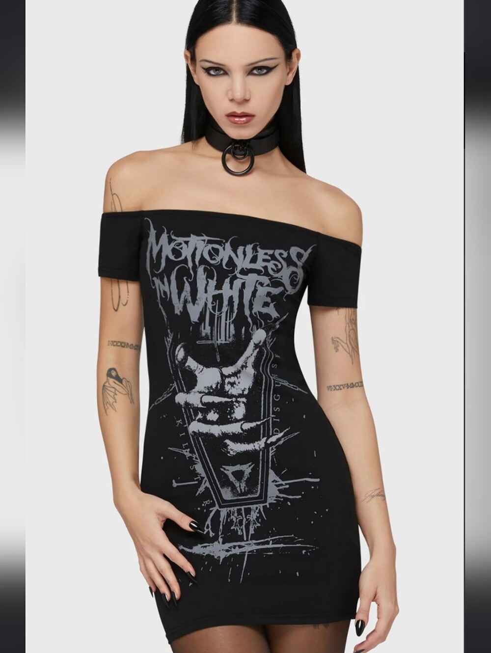 Killstar Black Off-Shoulder Mini Dress with Gray Graphic